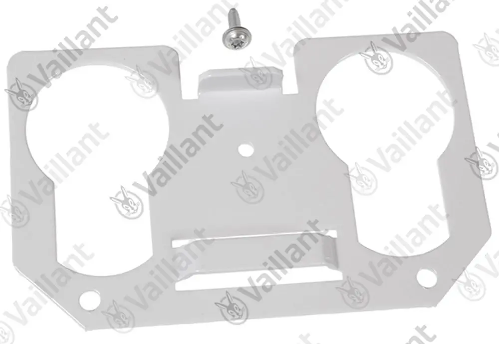 Weiße Halterung mit zwei runden Ausschnitten und einer zentralen Öffnung, inklusive Schraube. Vaillant-Logo auf der Oberfläche.
